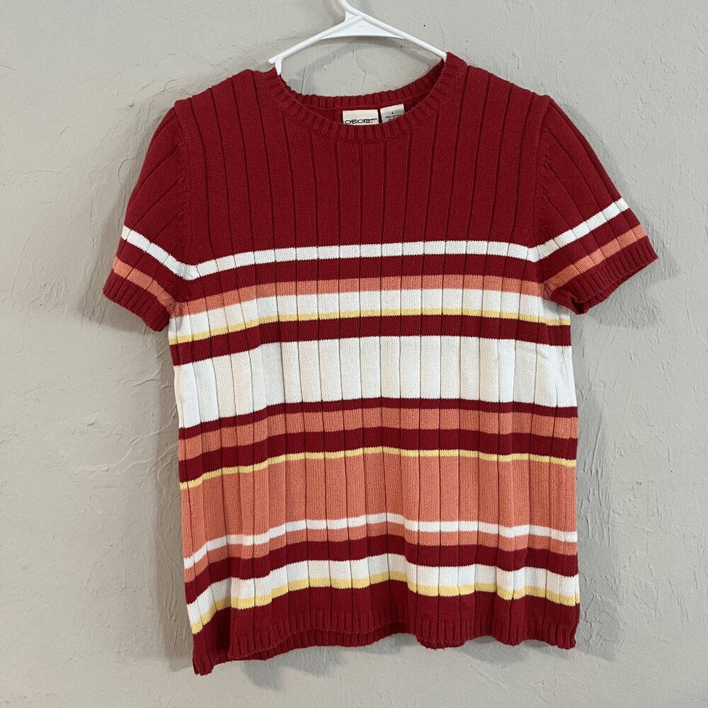 Cherokee Ribbed Knit Striped Short Sleeve Top – Size Large